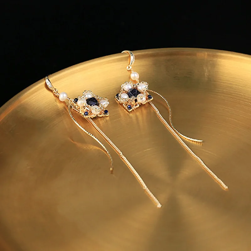 

Модные Ретро серьги из натурального пресноводного жемчуга с длинной цепочкой и кисточками для женщин, серьги для ушей, элегантные ювелирны...