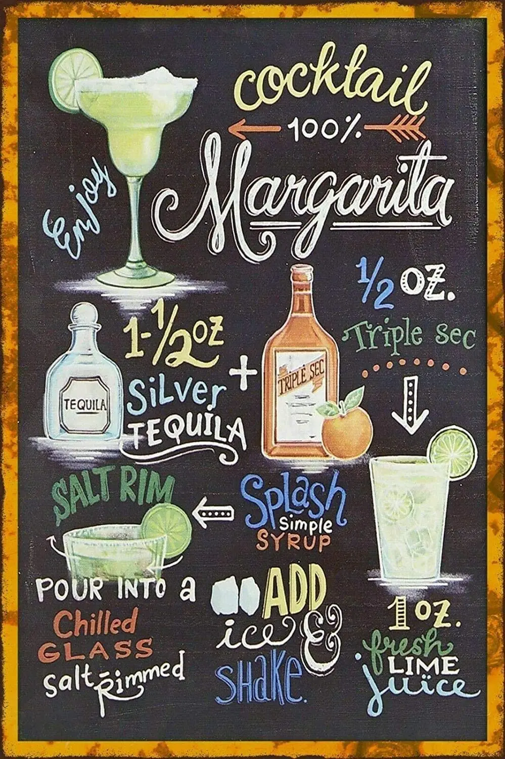 

New Metal Poster Margarita Cocktail Recipe Vintage Metal Tin Sign 8x12 Inch Retro Art Home Bar Pub Garage Shop Wall Decor