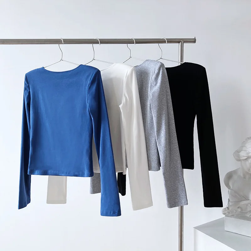 

Elegant Square Collar Dew Clavicle Solid Women Tshirts Solid Long Sleeve Bottoming Tee 2021 Spring Chic All Match Knitted Tops