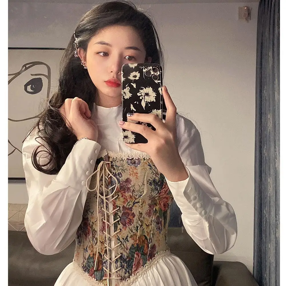 

Vintage Floral Female Corset Crop Top Women Bustier Sleeveless Sexy Wrapped Tops spaghetti Bandage Chest Tanks Camisole Tan O3U5