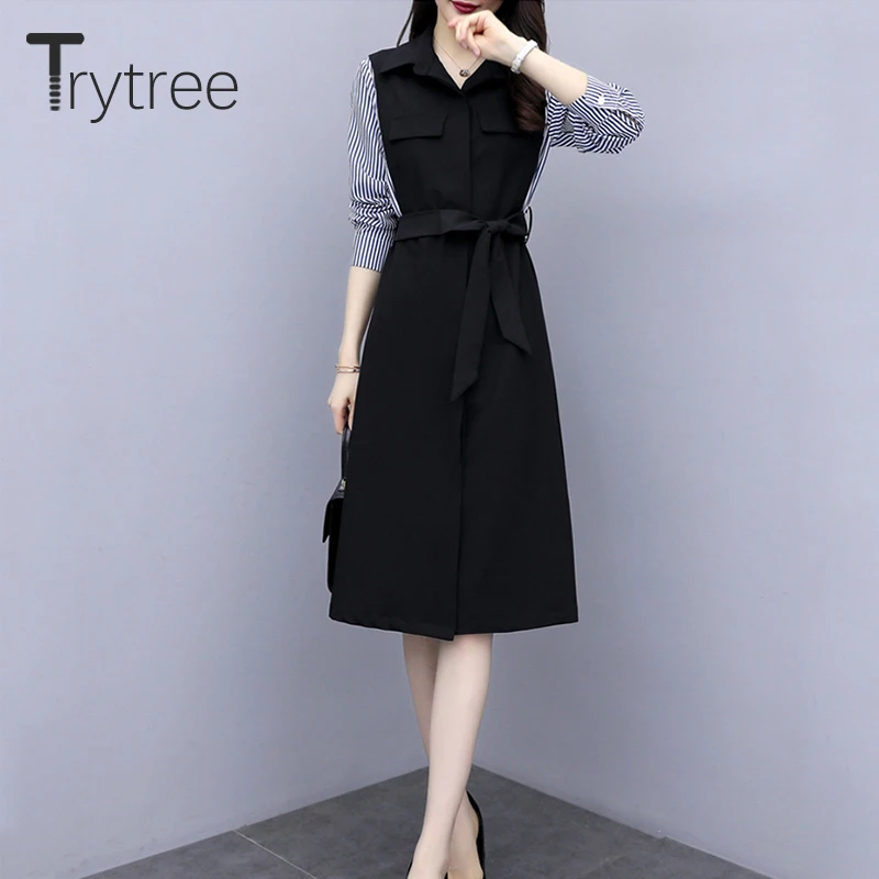 Осенне зимнее женское платье в полоску с отложным воротником и поясом|Женские