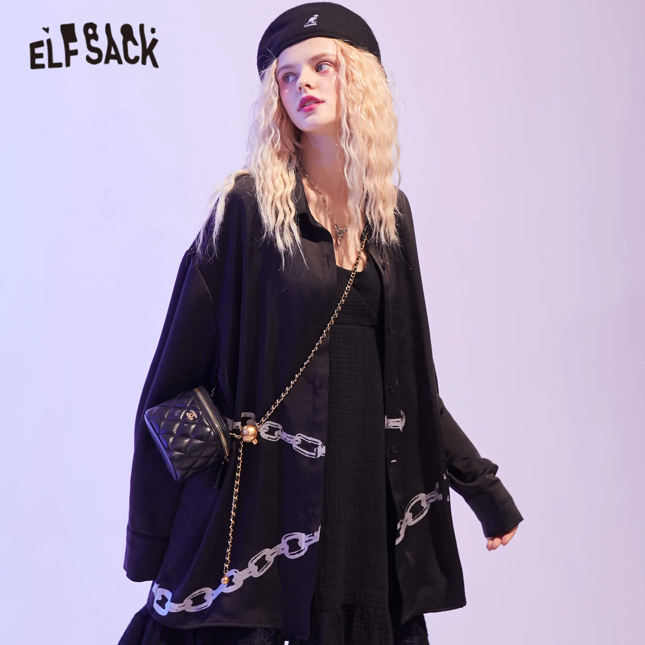 Женская атласная блузка ELFSACK черная однотонная Повседневная Блузка с принтом