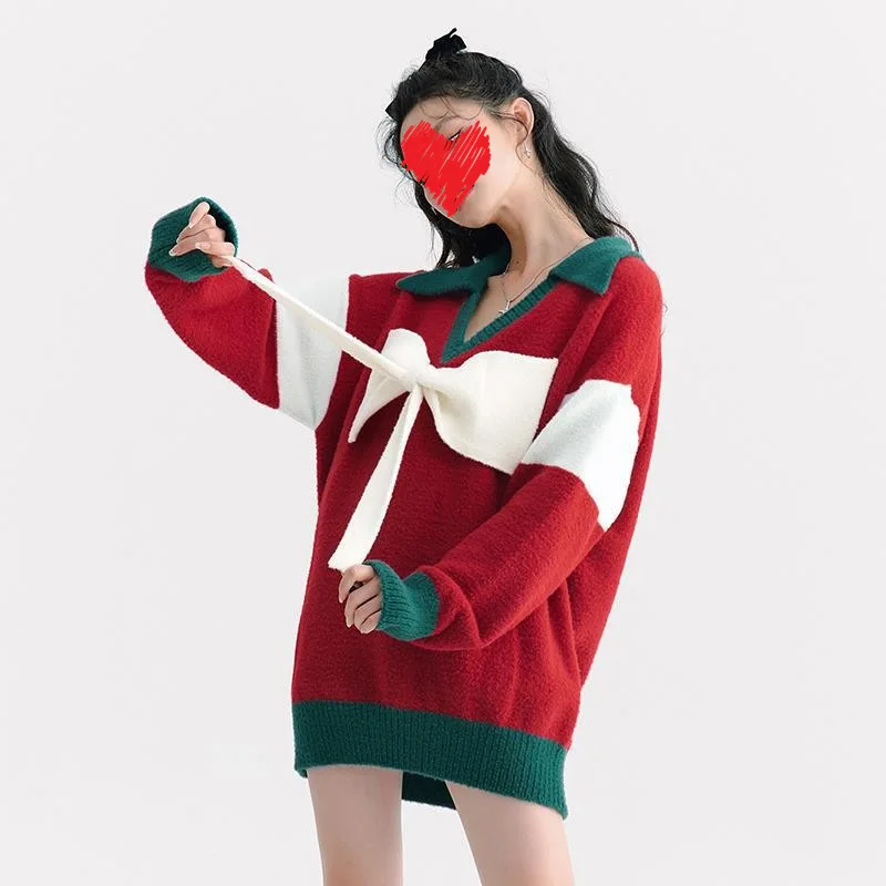 

Women's Christmas Red Sweater 2021 Winter New Style Red Sweet Cool Cute Bow Knit Sweater Elegant and Beautiful Women's Blouse