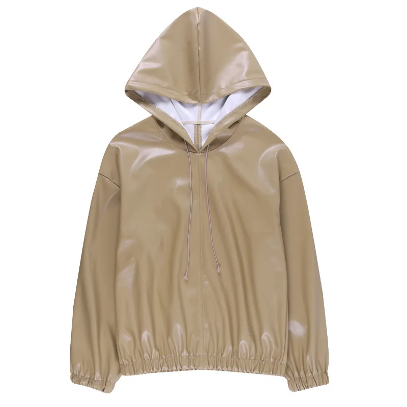 

2021 Fall/Winter Leather Street Sweater Hoodie Windproof All-match Round Neck Pullover Casual Elastic Cuffs Hem Trend Women Top