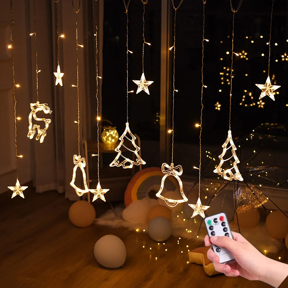 

LED Deer Bells Curtain Light Christmas Garland String Fairy Lights Outdoor For Home Wedding Party
