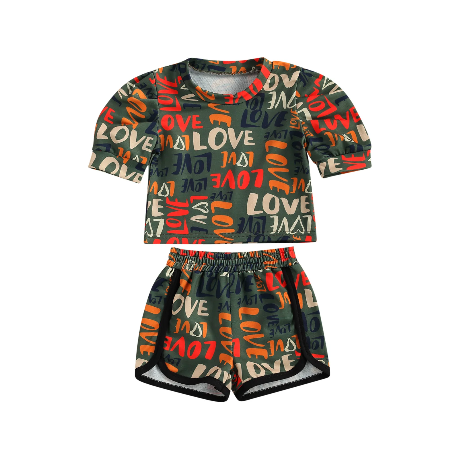 

2021 Новое платье для маленьких девочек, Комплекты одежды с узором в виде букв, с принтом, с короткими пышными рукавами, футболка Топы и коротк...