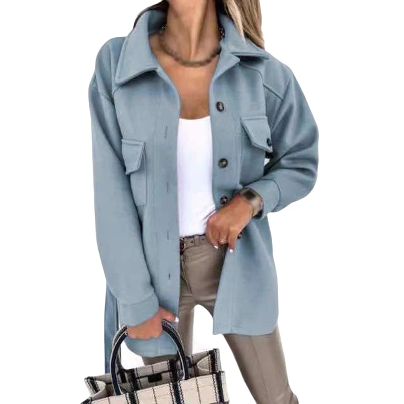 

Autumn Winter Jacket Shirt Fashion Long Sleeve Lapel Single Breasted Belt Casual Loose Solid Color Shacket Women
