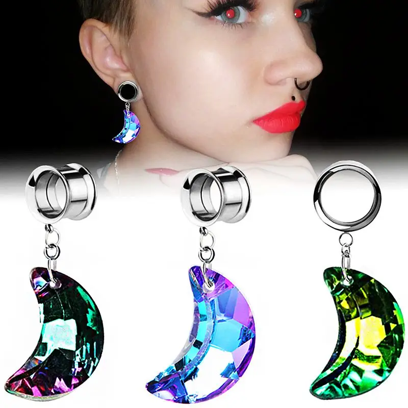 

Shiny Moon Dangle Ear Piercing Earrings Tunnel Plug Stretcher Ear Expander Surgical Steel Ear Plugs Ear Gauge dilataciones oreja