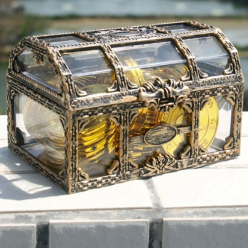 Fashion Jewelry Storage Box Pirate Design Treasure Chest Metal Lock Cases Plastic Coin Transparent Mini Ornament | Дом и сад