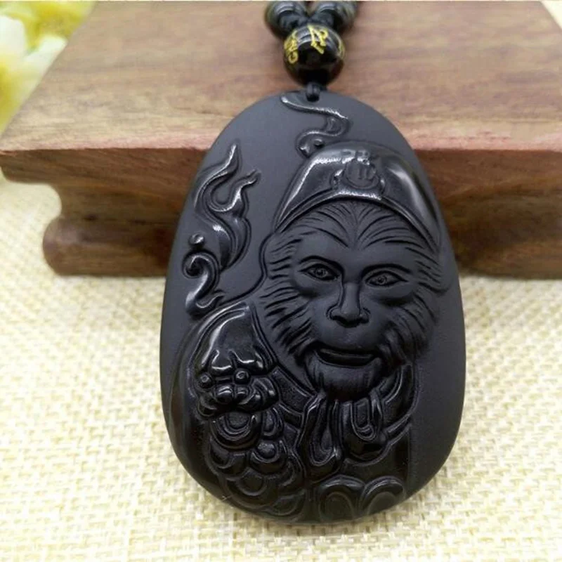 

Natural Obsidian Sun WuKong Jade Pendant Jewelry Lucky God of War Auspicious Amulet Pendant Necklace Fine Jewelry
