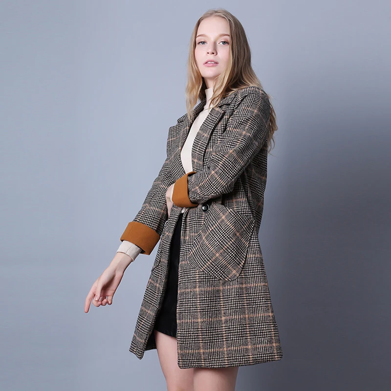 

Женское шерстяное пальто в клетку, Свободное длинное пальто с капюшоном, в винтажном стиле, большие размеры, Осень-зима 2021