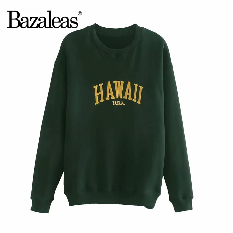 Модная зеленая Женская толстовка Bazaleas с длинным рукавом и вышивкой Гаваи