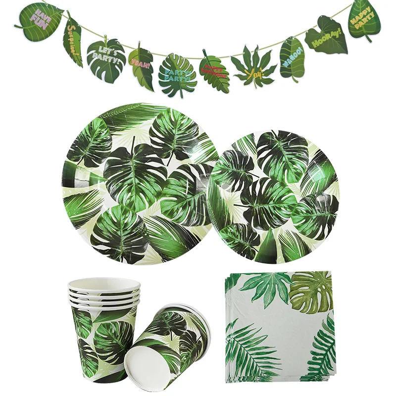 1Set Hawaiian Palm Leaves Pattern Disposable Tableware Paper Plates Cups Paper Napkins Summer Tropical Wedding Party Decorations