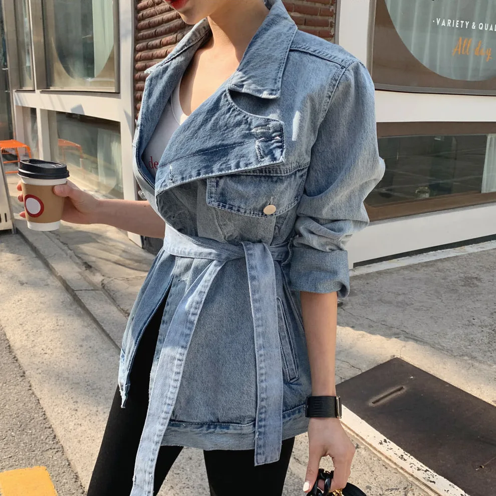 

New 2021 Spring Autumn Women's Denim Jeans Jackets Casual Turn-down Collar Sashes Streetwear Asymmetrical Tops