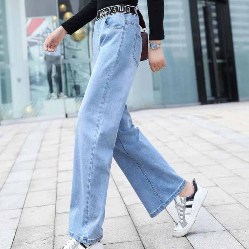#3105 Spring Autumn Elastic High Waist Wide Leg Jeans Women Loose Blue Black Casual Straight Women's Denim Full Length | Женская