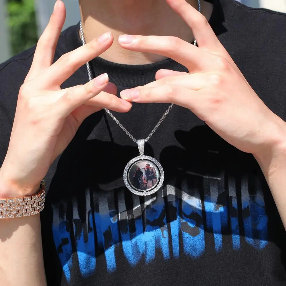 

Custom Made Photo Rotating double-sided Medallions Pendant Necklace witn tennis chain for men women Hip hop Jewelry Gift