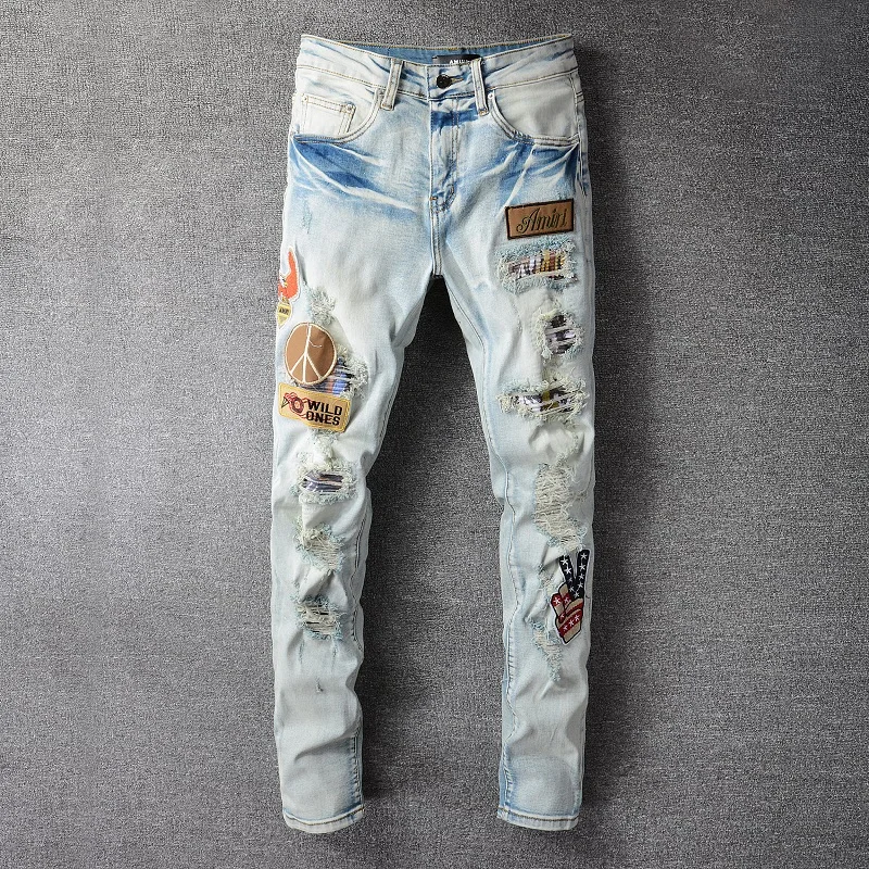 

High Quality Streetwear Designer Patchwork Brand Jeans Men Blue 2021 Hip Hop Big Size Slim Fit Social Club Jeans Denim Pants