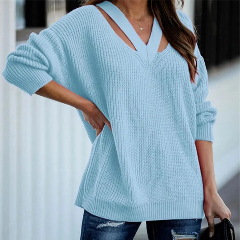 

All Match 5 Colors Ladies Solid Color V Neck Autumn Sweater Daily Wear