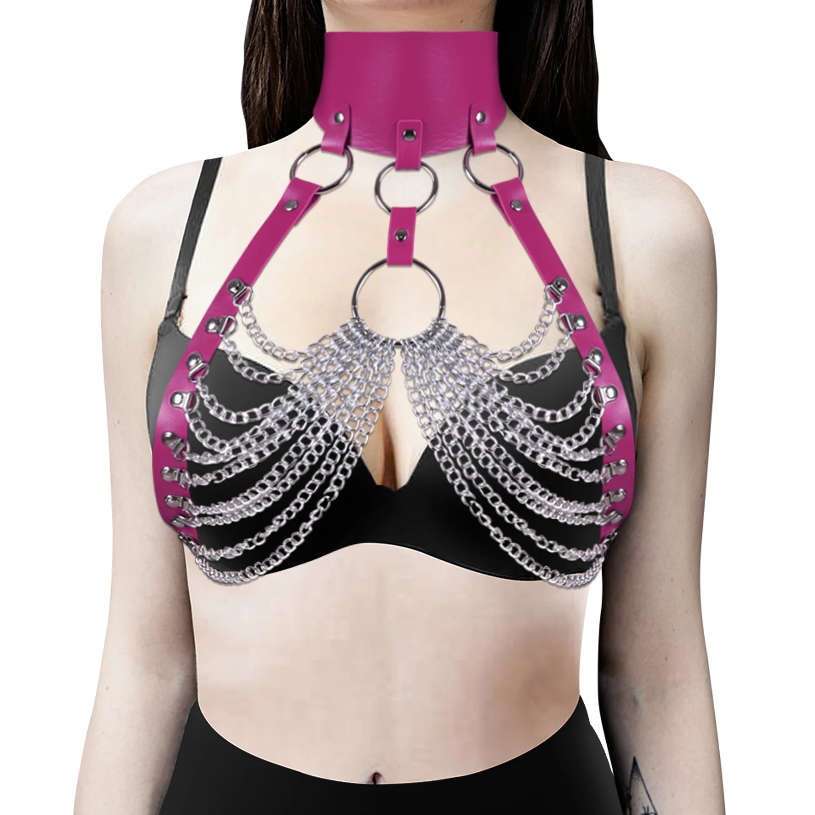 

Fashion Sexy Harajuku Handmade PU Choker Harness Punk Collar Belt Necklace Caged Bra Spikes Metal Chain Chest Straps Club Party