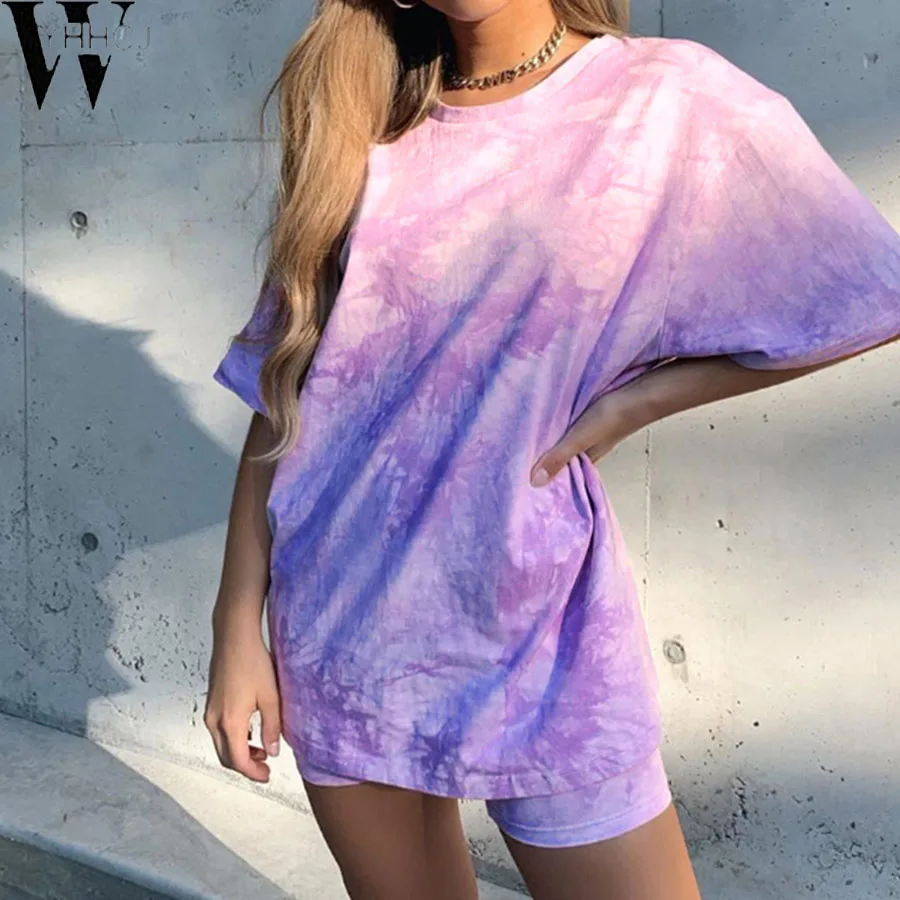 

WYHHCJ Tie Dye Casual Workout Women Co-ord Sets Short Sleeve Sporty Active Wear Fashion Outfit Summer Top And Biker Shorts Set