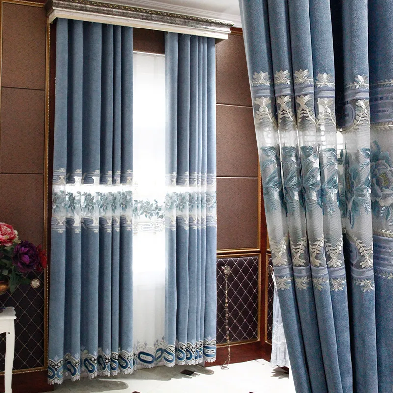 

High-end European Style Curtains for Living Dining Room Bedroom EmbossedHollow Embroidered Light Luxury Chenille Blackoutcurtain