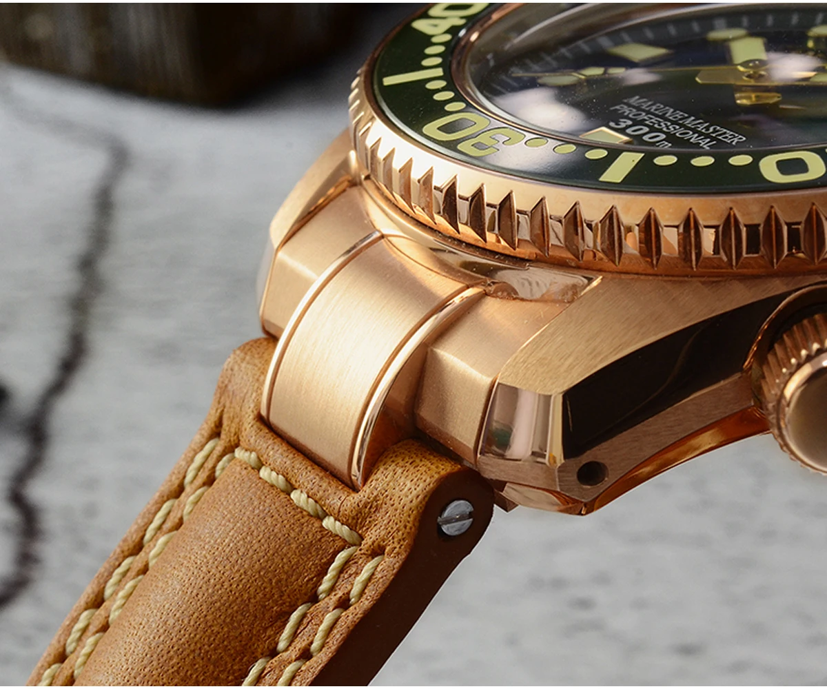 

San Martin Diving Watch Mens Automatic Mechanical Wristwatches CUSN8 Bronze Genuine Leather Strap SLN C3 Luminous Waterproof