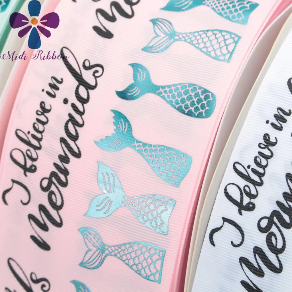 

3"75mm Mermaid Tail Hologram Green Foil Black Ink Print Gradient Color Printed Grosgrain Ribbon DIY Hair Bowknots 50yards/roll