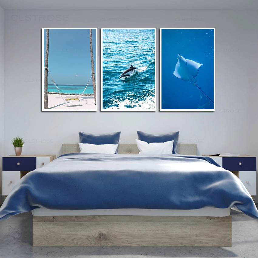 

Blue Sea Dolphin Nordic Posters and Prints Seascape Canvas Painting Mdoualr Wall Art Pictures for Liivng Room Home Decoration