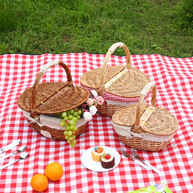 

Wicker Camping Storage Basket Handmade Willow Woven Picnic Shopping Food Fruit Bag Lid and Handle Kitchen Orginazer Home Decor