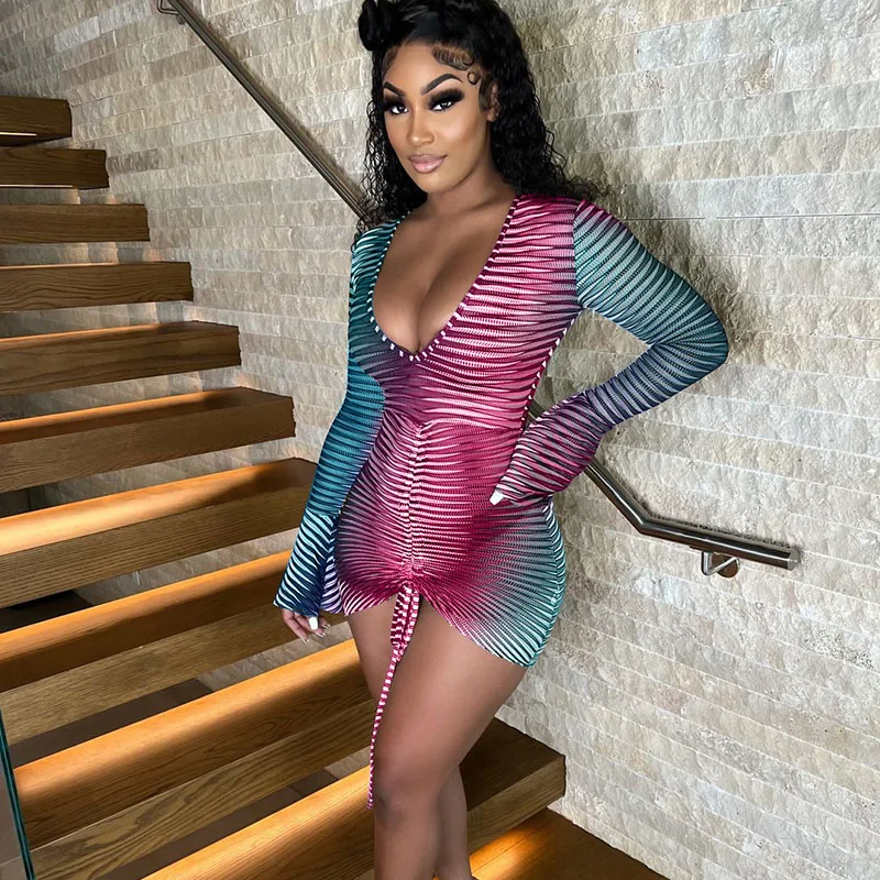 

Colorful Striped Print Sexy Mini Dress Women V-neck Flare Sleeve Slim Ruched Bodycon Dress Night Party Clubwear Birthday Dress