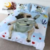 BlessLiving Pug Bedding Set Lovely Bulldog Duvet Cover Cartoon Cute Paws Kids Bed Linen Backpack Blue Sky Home Textiles 3pcs 1