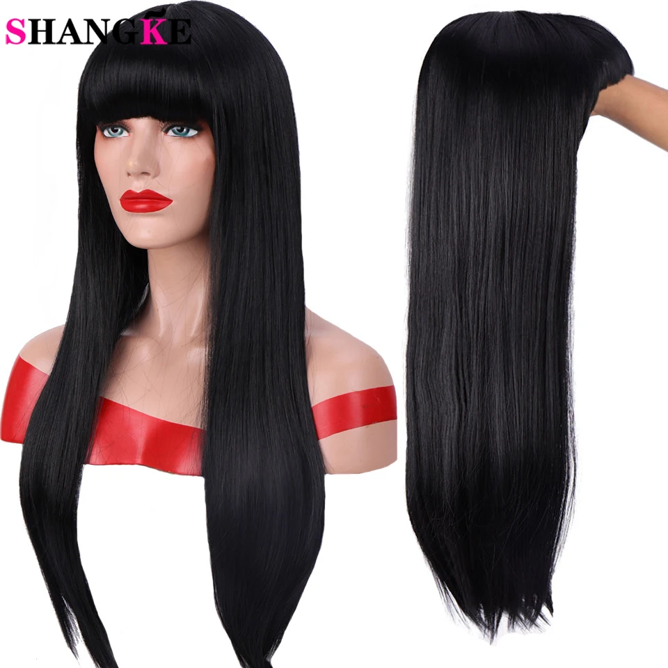 Длинные прямые черные волосы SHANGKE 24 дюйма с челкой Синтетический волос для женщин