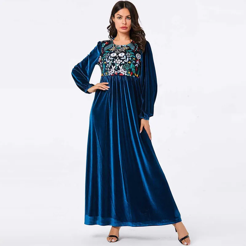Новые платья бархатный фонарь рукав синяя вышивка Абая для мусульман кафтан