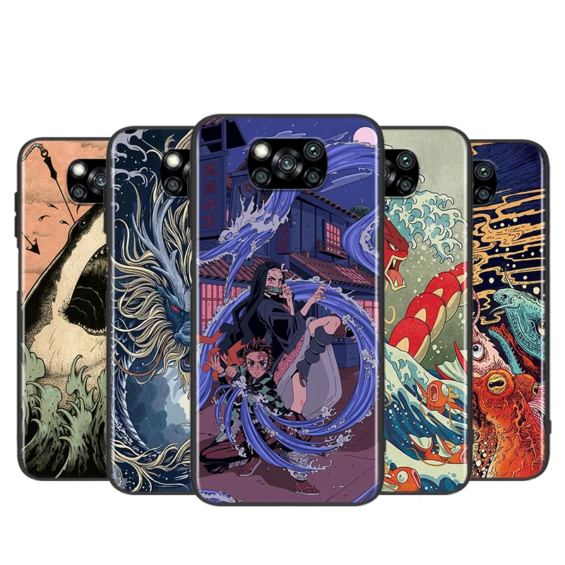 

Japanese wave Anime Dragon For Xiaomi Poco X3 NFC F3 GT X2 M3 M2 5G Pro Mi A3 Lite 9SE CC9 Soft Black Phone Case Shell