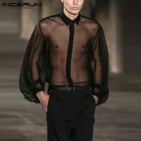 incerun men mesh shirt transparent long sleeve lapel collar sexy party nightclub fashion blouse streetwear 2021 camisa masculina