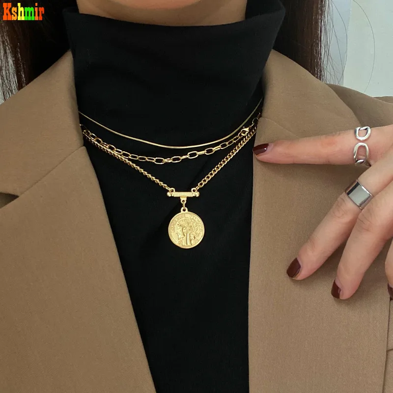 

Kshmir 2020 Multilayer necklace bracelet trendy retro choker geometric circular head pendant sweater chain