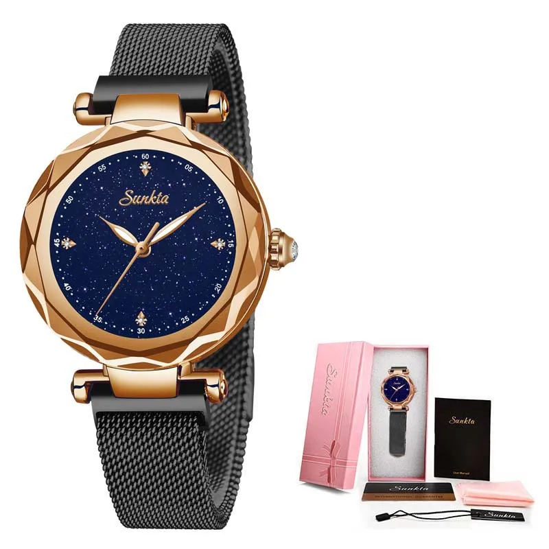 Rose gold black SUNKTA кварцевые женские часы модные водонепроницаемые часы женские керамические браслет часы девушка часы Relogio Feminino+ Bo - Цвет: Rose gold black