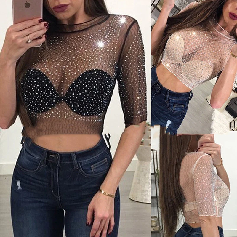 Women Sexy Mesh Hot Drilling Transparent T-shirt Summer 2019 Half Sleeve Ladies Crop Top Fashion | Женская одежда