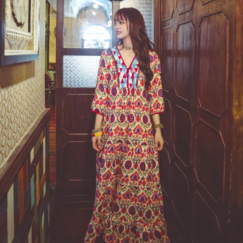 

Summer new Thai national wind Nepal retro printing loose fashion long dress bohemian beach dress Korean version was thin dress