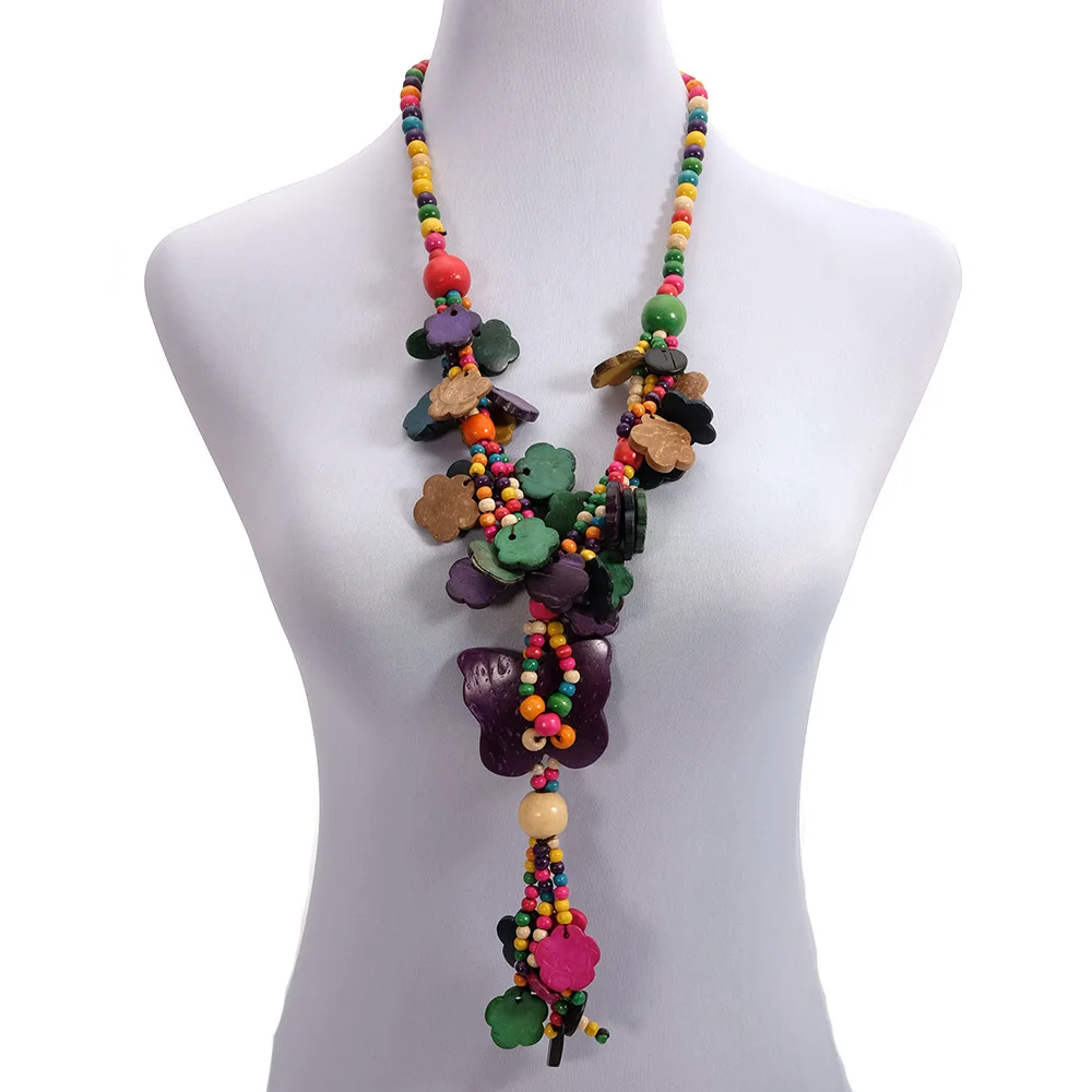 Длинное ожерелье этническая цепочка на свитер в стиле бохо с кокосом ручной