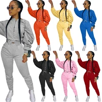 womens two piece spring and autumn womens long sleeved solid color personality casual trend tied sports sweatshirt suit