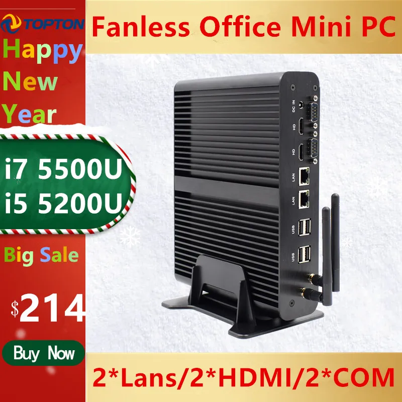 Безвентиляторный мини ПК i7 5500U i5 5200U i3 5005U Windows 10 Pro key 2 * Lans HDMI 1 оптический Barebone HTPC Nuc
