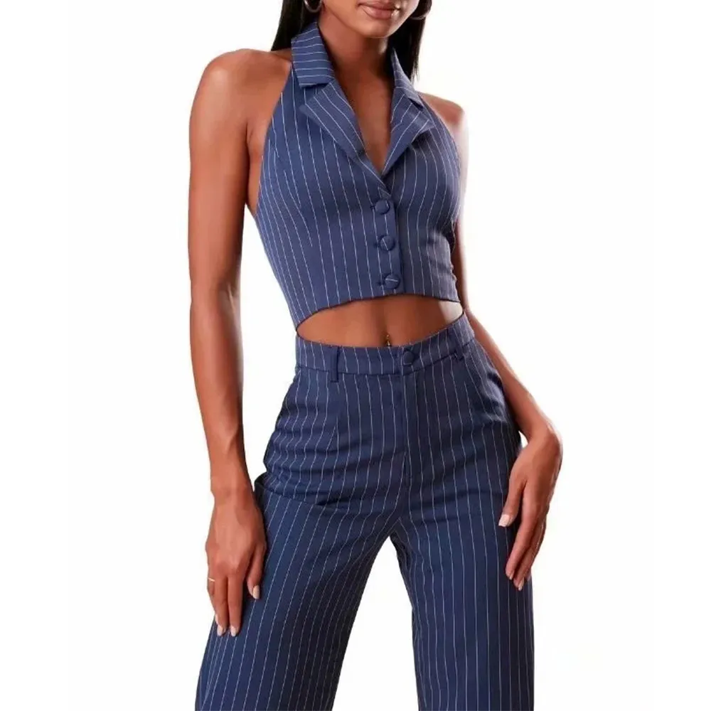 

Summer Casual Turn-down Collar Halter Tops OL Striped Cropped Tank Tops with Button Sexy Backless Suit Vest for Women Black