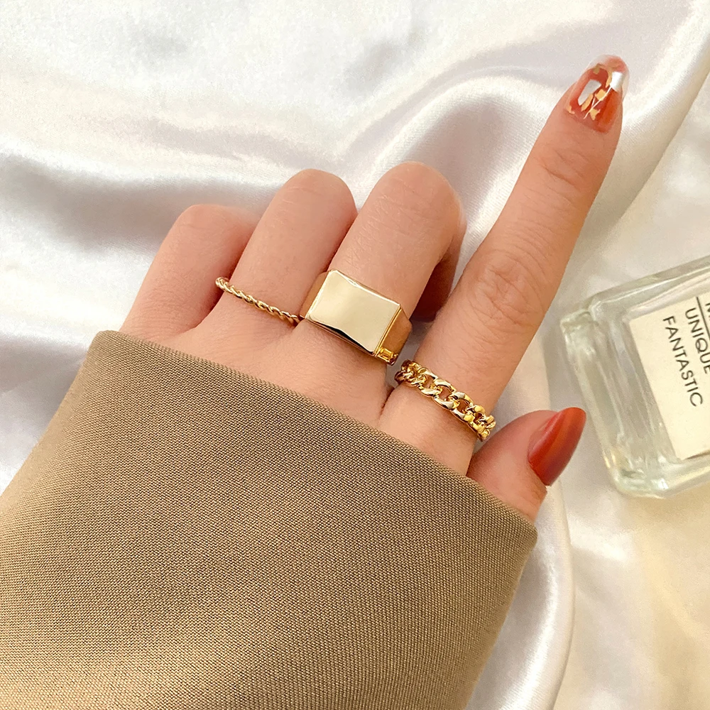 

IPARAM 3Pcs/Set Trendy Geometric Gold Metal Joint Ring Female Punk Square Gold Chain Finger Ring 2021 Fashion Jewelry Gift