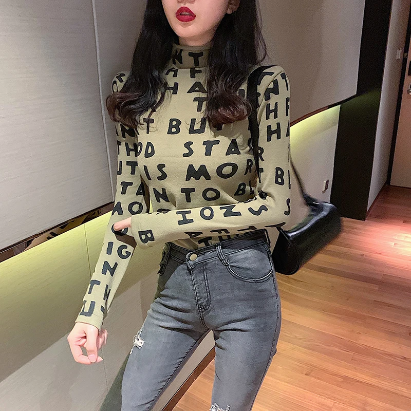 Женская водолазка с буквенным принтом GRUIICEEN облегающая футболка длинными