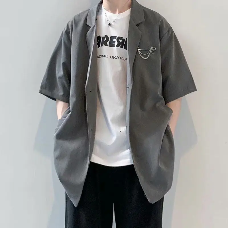 

Summer Short-sleeved Blazer Men's Fashion Gray Black Brooch Suit Jacket Men Korean Loose Business Society Mens Dress Jacket