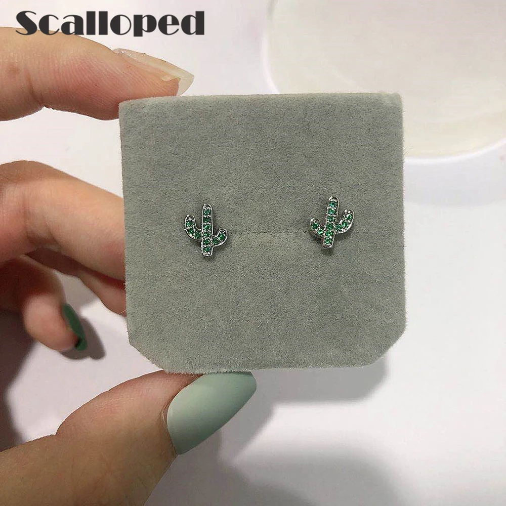 SCALLOPED Trendy Green Zircon Cactus Earrings 2020 New Fashion Stud Ear Women Statement Jewelry Christmas Gifts