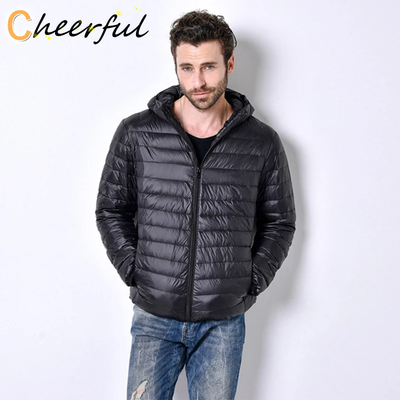 

New High-end Warm Fashion for Men Feather Hooded Down Jacket Pure Color Boutique Mens Hooded Down Coat Thin Light Jackets 5XL