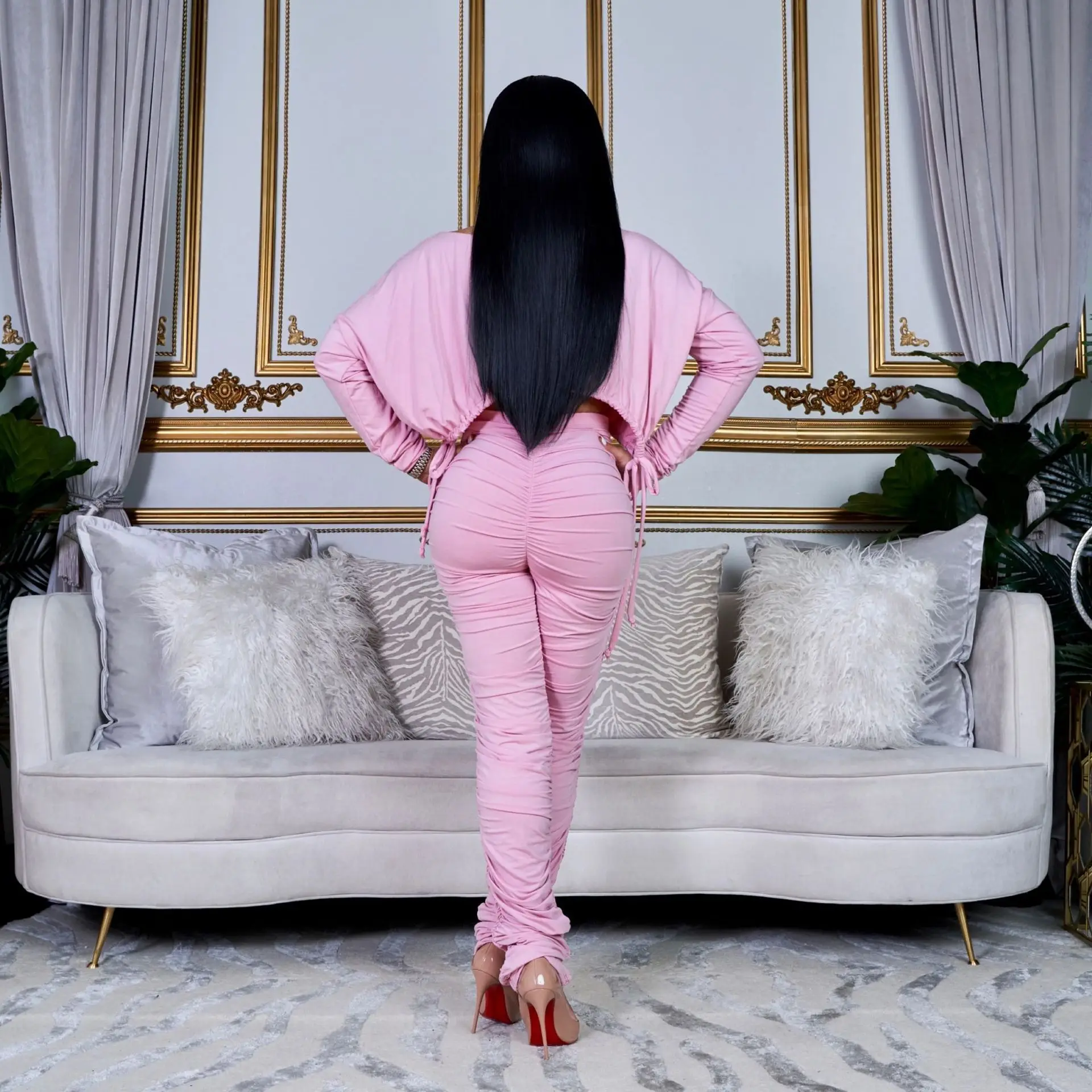 

Spring Fall Crop Top Ruched Pant Two Piece Outfits for Women 2021 New Casual Solid Color Matching Sets Lounge Wear Plus Size