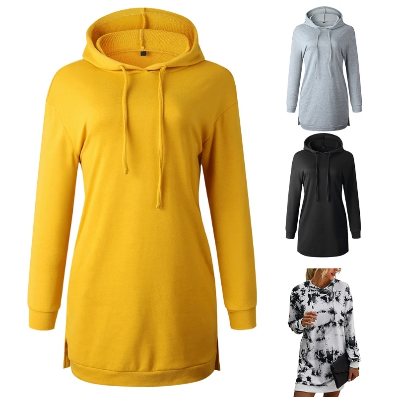 

Women Long Sleeve Loose Sweatshirt Dress Solid Color Tie Dye Drawstring Hoodie Split Pullover Tunic Tops with Pockets